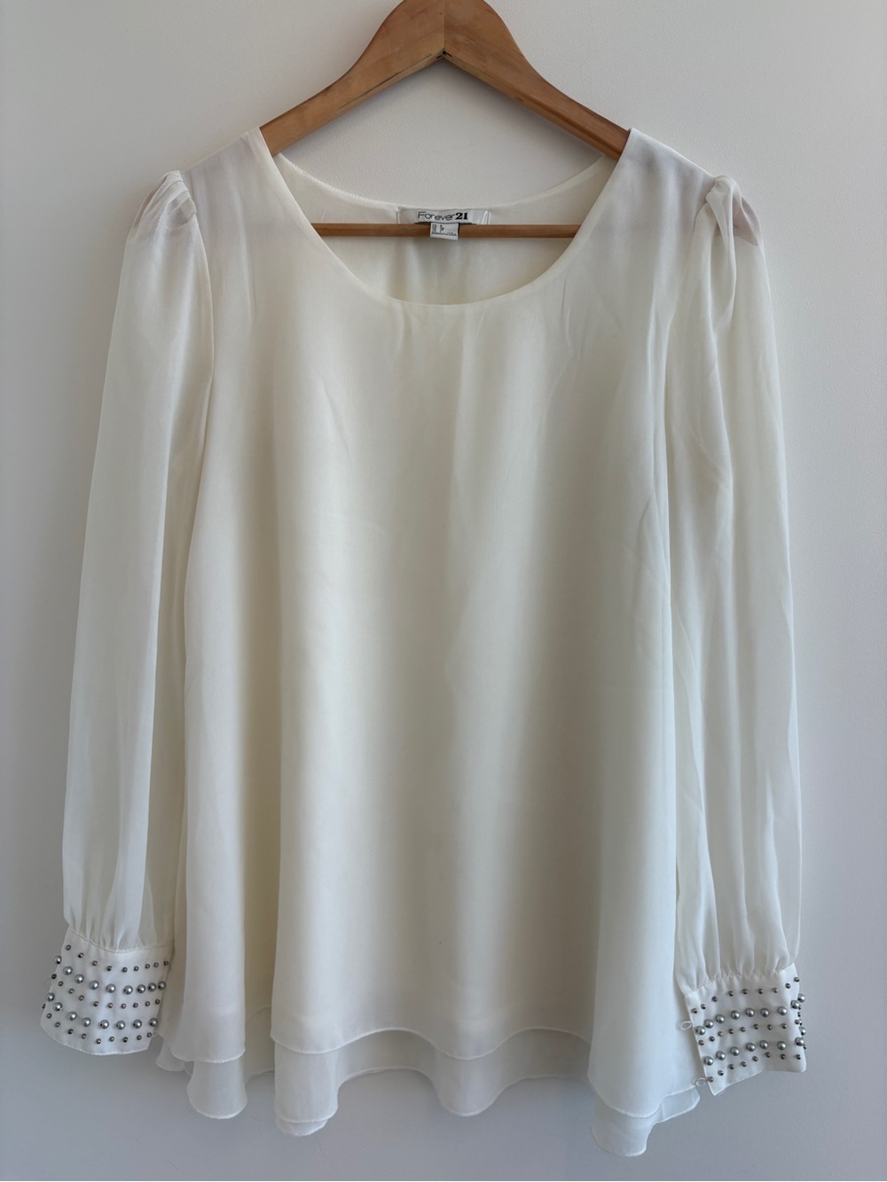Forever 21 Cream Chiffon Long-Sleeve Blouse with Beaded Cuffs